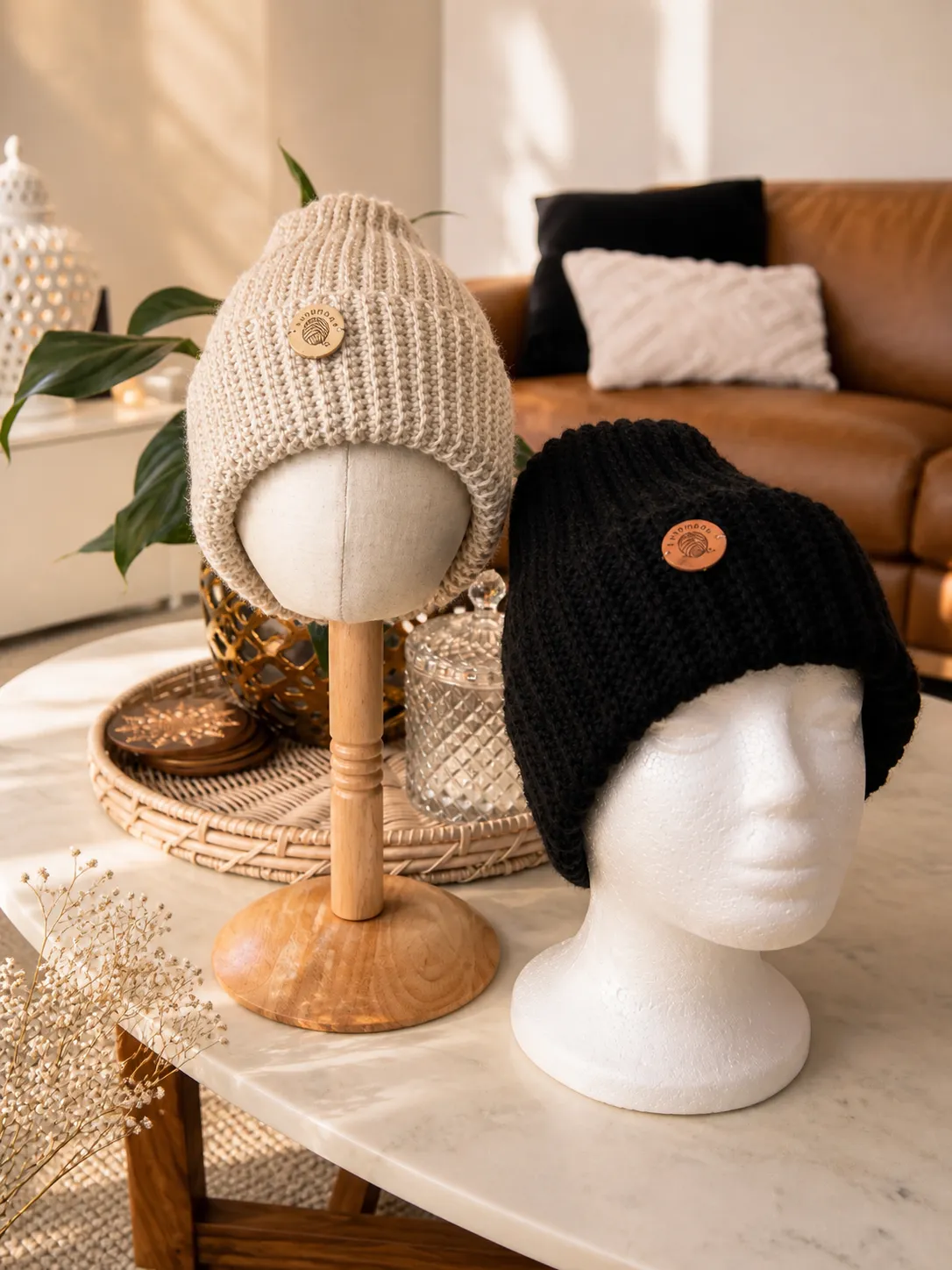 Oatmeal or Black coloured hand-crocheted ribbed beanie