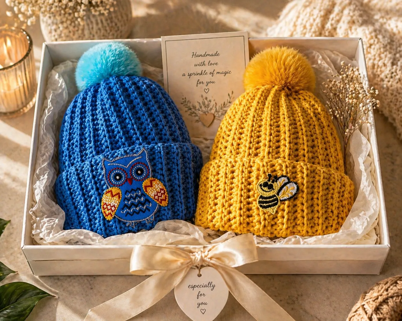 Two hand-crocheted beanies in a gift box: one blue with an embroidered owl in rust and gold tones, one golden yellow with an embroidered bee in black and gold, each topped with a fluffy pom pom