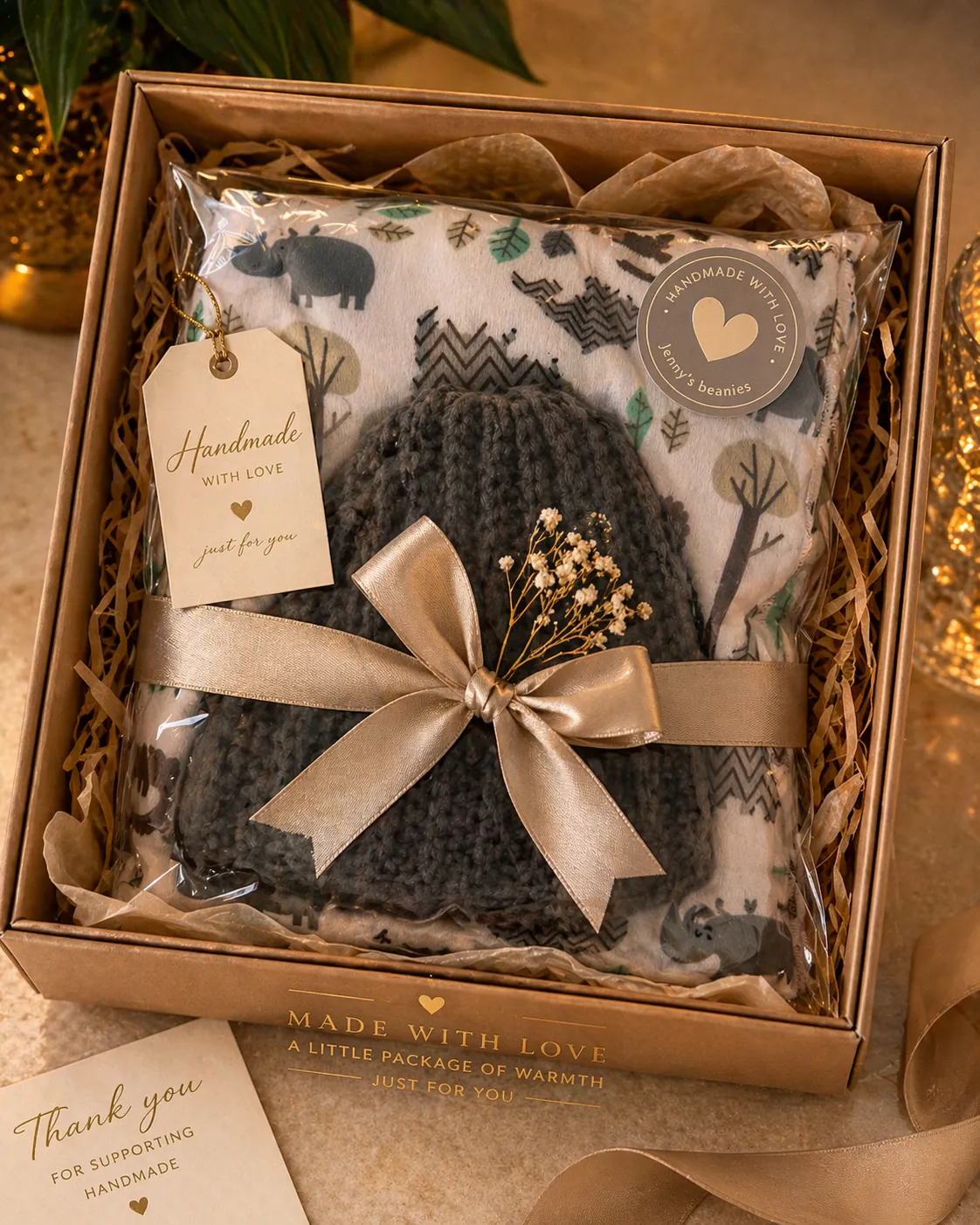 Charcoal grey chunky-knit beanie with a gold satin bow, displayed in a kraft gift box with coordinating nature-print fabric wrap, handmade tag, and dried botanicals