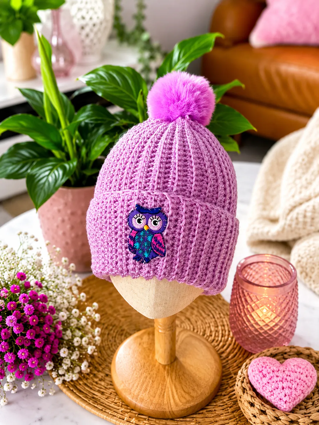 Lavender-pink crocheted beanie with ribbed texture, topped with a bright lavender pom pom, featuring an embroidered owl with blue and pink details on the front