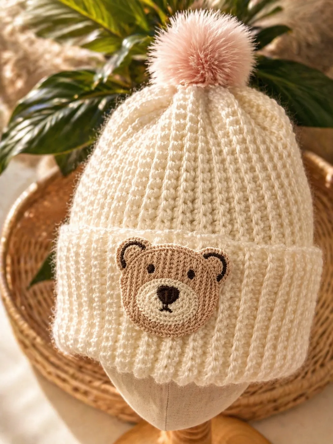Cream hand-crocheted beanie with embroidered tan bear face and black features, topped with a blush pink pom pom, displayed on a woven stand with green foliage in the background