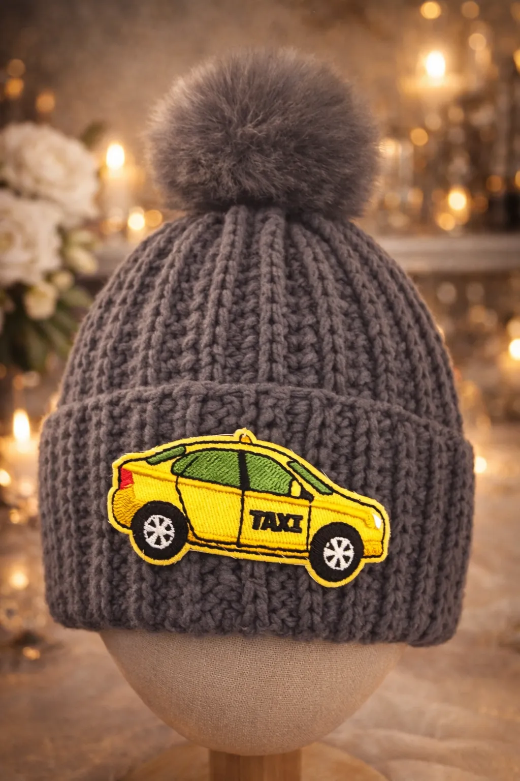 Slate-grey ribbed kids beanie set with yellow taxi patch