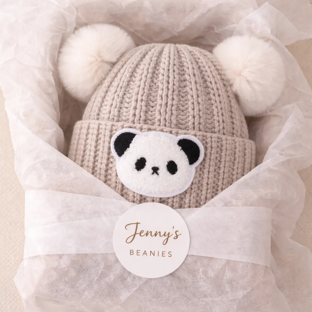 Oatmeal beanie with two white pom ears and a panda face, wrapped in tissue.
