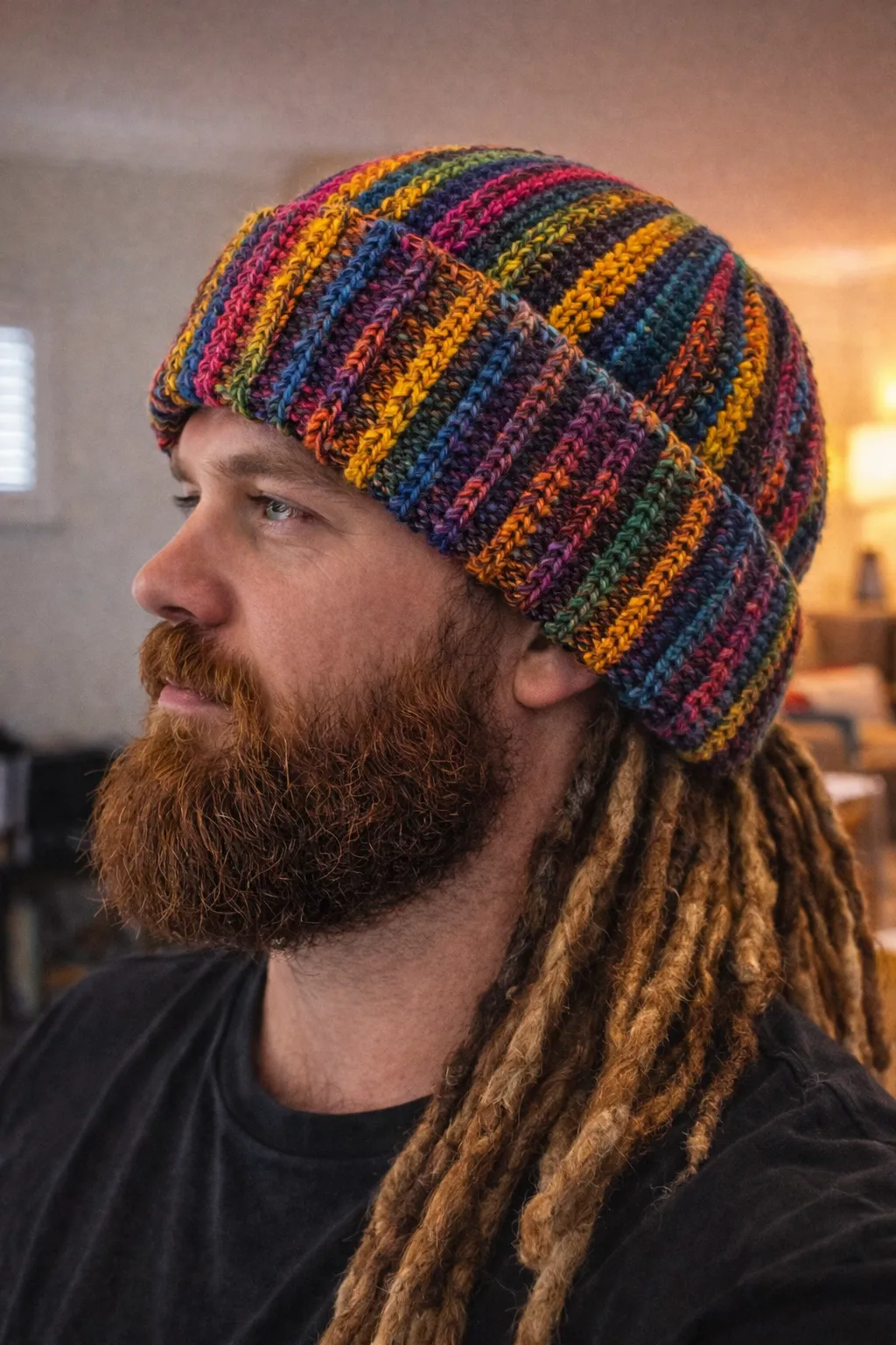 Rainbow-ribbed adult beanie on a wearer.