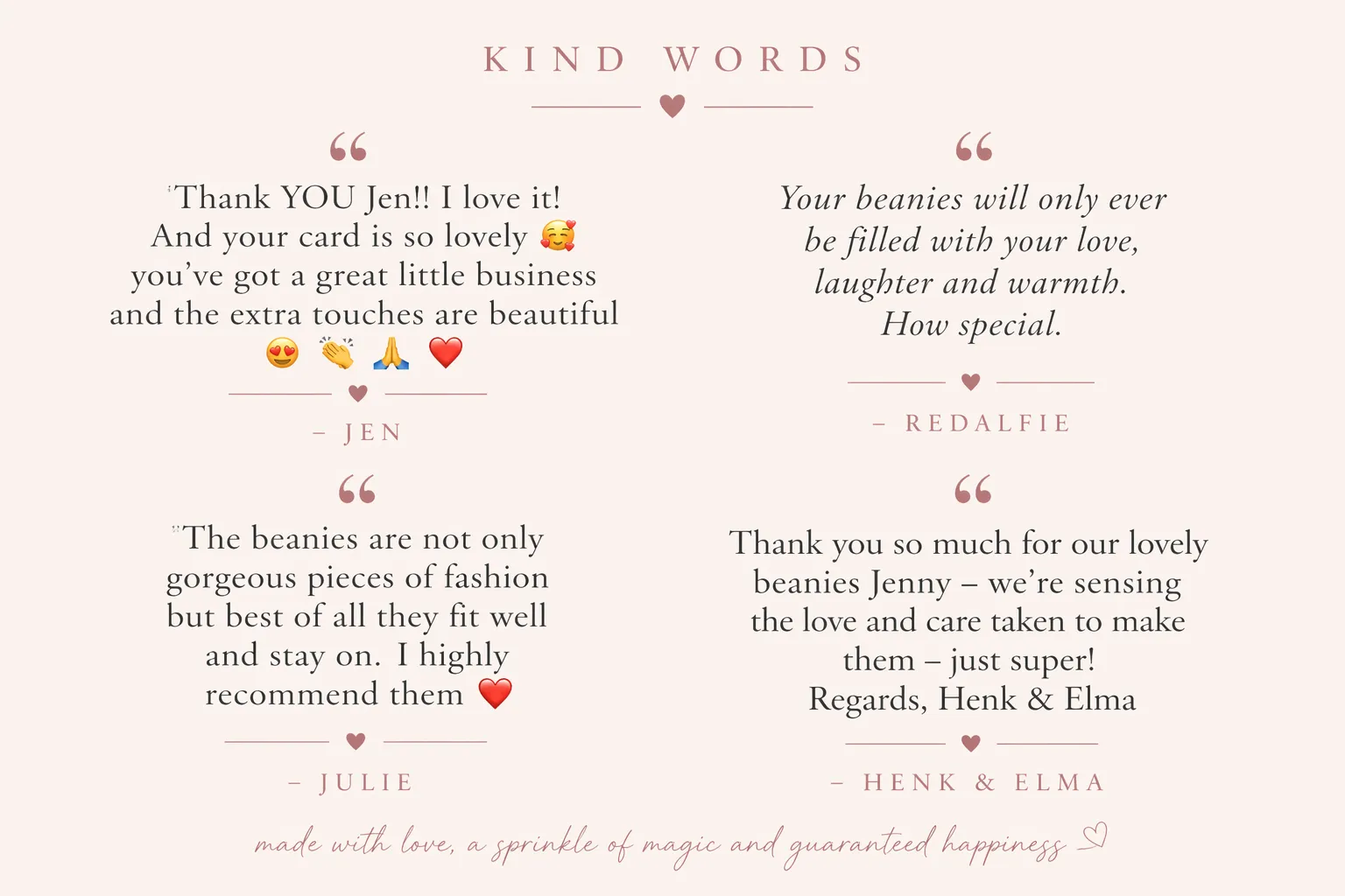 Four short kind-words notes from customers — Jen, Redalfie, Julie, and Henk and Elma — thanking Jenny for her beanies.